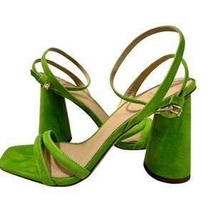Sam Edelman Kia Block Heel Sandal 8.5 Apple Green Suede Square Toe Ankle Strap